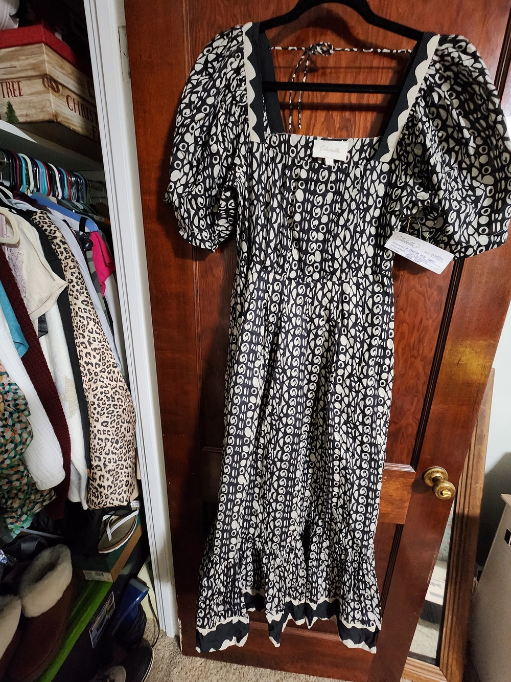 Cleobella Black and White Printed Puff-Sleeve Maxi Dress